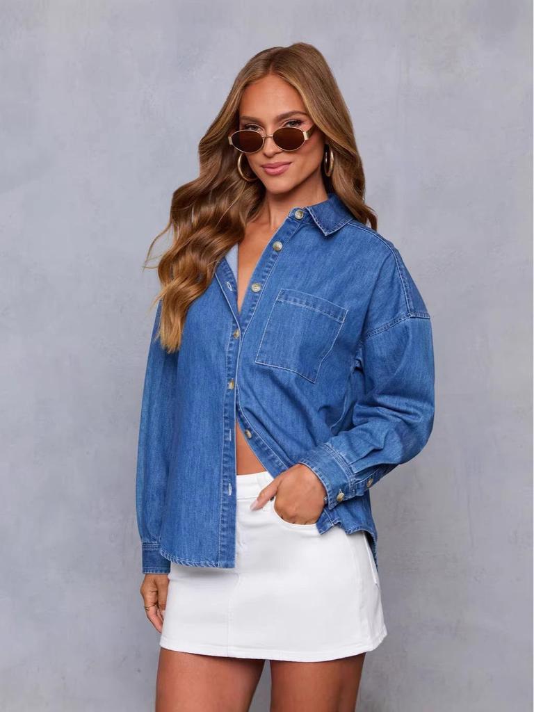 Denim Long Sleeve Casual Lapel Women's Shirt 2026 European & American Style