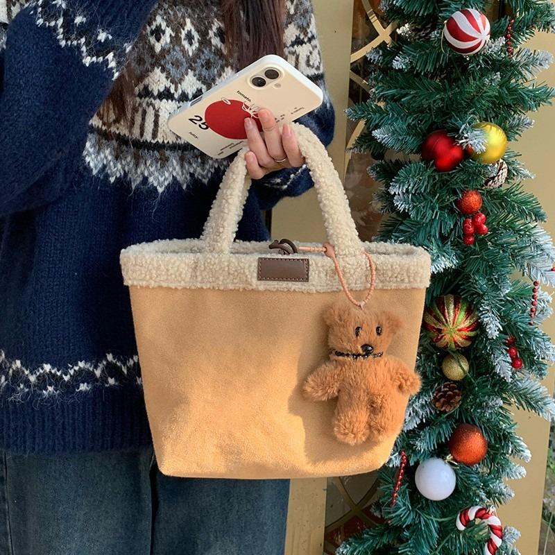 Plush Tote Bag Retro Cute Hand-held Wool Bag Double-sided Back Imitation Lamb Wool Women's Hand Bag