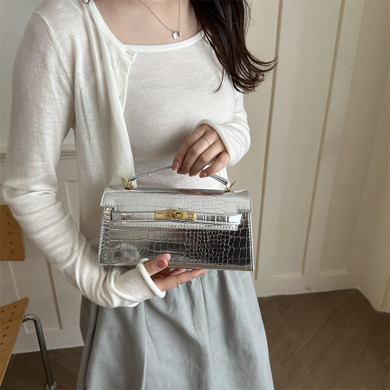 Women Crocodile Pattern Lock Buckle Small Square Shoulder Handbag Crossbody Evening Bag