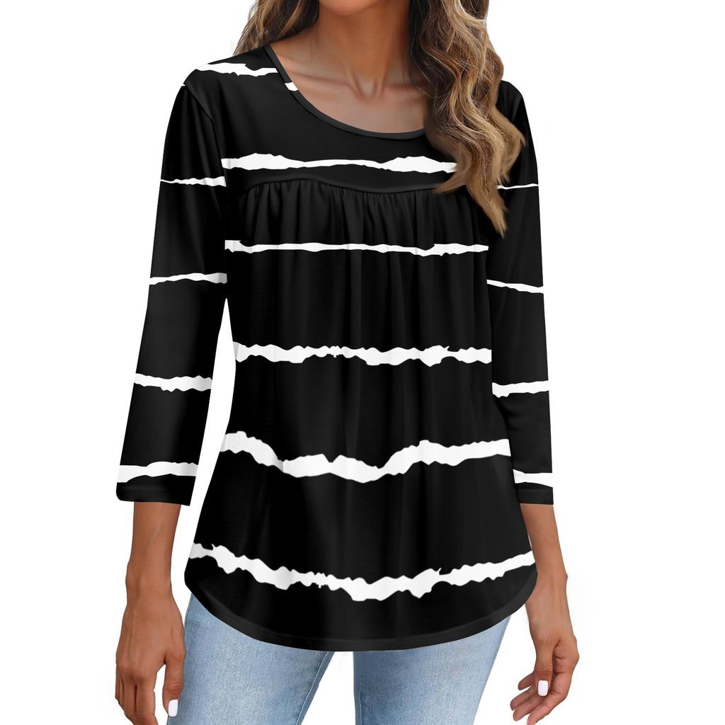 Women's Fashion Casual Three-quarter Sleeve Printed Round Neck Top