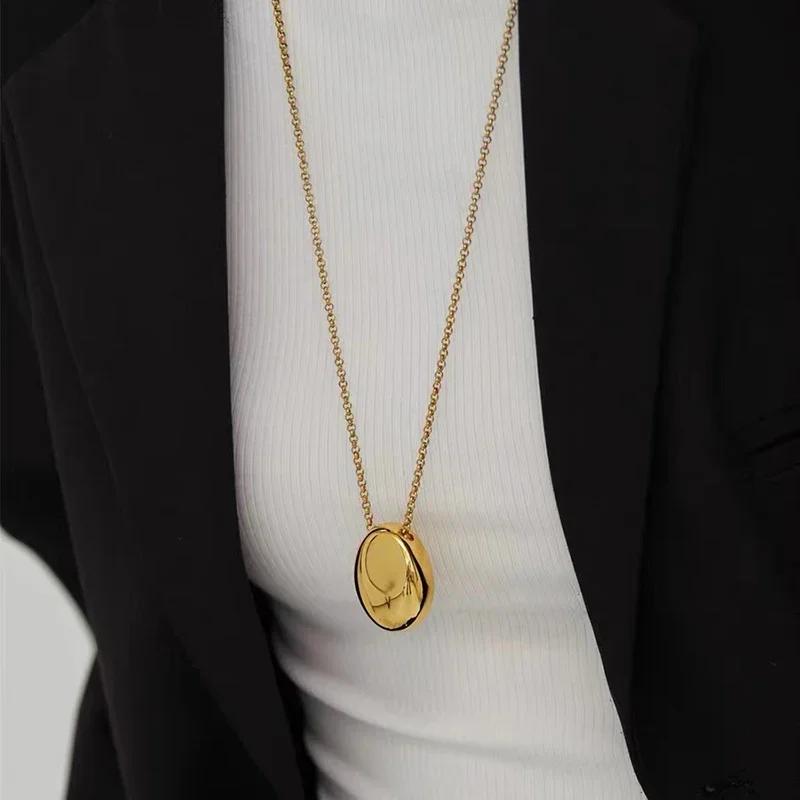 European and American Oval Pendant Stainless Steel Gold Color Long Necklace Fashion Jewelry Accessories Sweater Chian for Womens