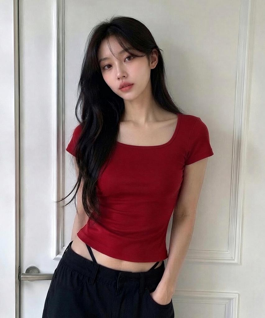 DEAR,ME Slim Fit Square Neck T-Shirt [Red]