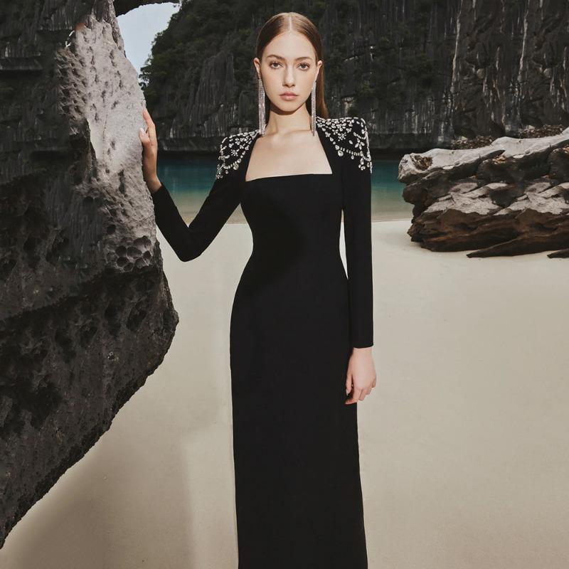 

Новое модное платье-бандаж с длинным рукавом и бриллиантами, осеннее облегающее платье, вечернее платье для вечеринки, банкетное XL чёрный