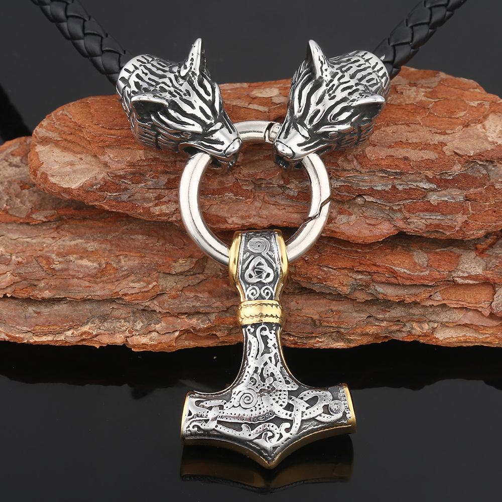 Colier cu pandantiv cu ciocanul lui Thor nordic viking cap de lup din oțel inoxidabil Bijuterii pentru bărbați