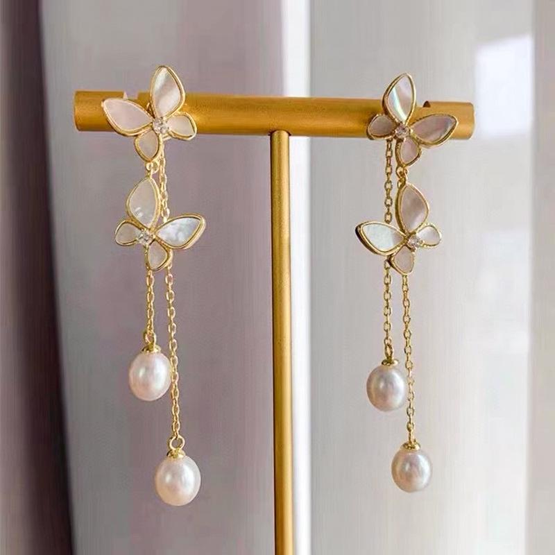 Two Shell Butterfly Stud Earrings Fashion Light Luxury S911 Silver Needle Tassel Natural Freshwater Pearl Stud Earrings High Sense