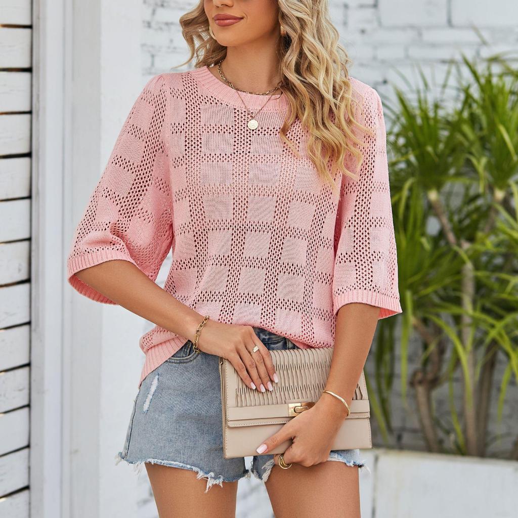2024 Summer Women's Fashion Round Neck Hollow-Out Sun Protection Knit Sweater Cardigan