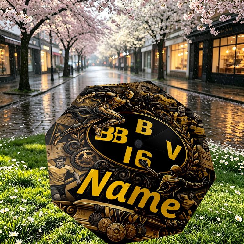 Custom Name Personalized Borussia Dortmund Bvb Print Umbrella, Auto Open Close, 8‑Rib Sturdy Frame, Commute Camping Hiking Use, Birthday Gift