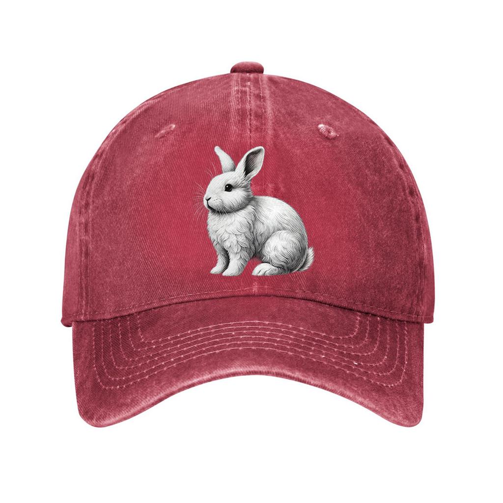 White Rabbit Graphic Baseball Cap Casual Cotton Adjustable Distressed Denim Outdoor Golf Hat