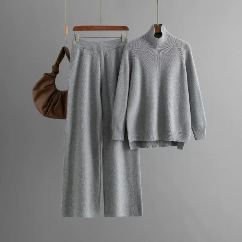 Fashion Pure Color Knitting Turtleneck Sweater Loose Pants Suit Knited Sweater and Pants Set