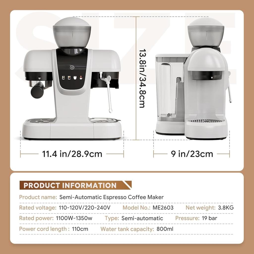 e20 Bar Semi-Automatic Espresso Machin with Built-in Grinder & Steam Wand, Pre-Infusion, NTC Temperature Control, 58mm Single/Double Portafilter