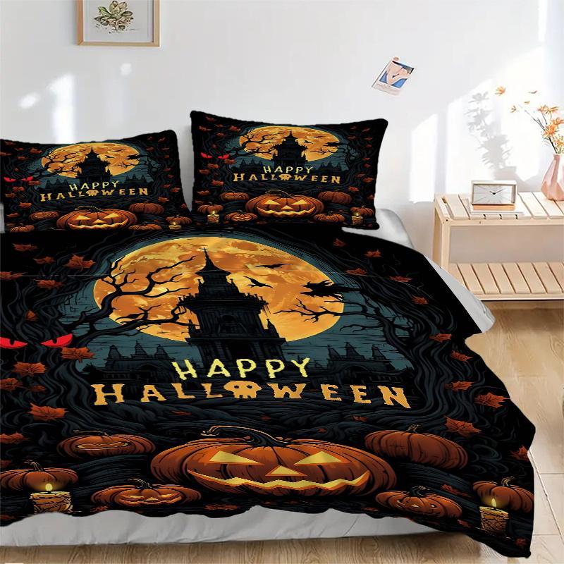 3pcs Horror Theme Happy Halloween Bedding Set - Includes Quilt Cover and Pillowcases, Suitable for All Seasons, Machine Washable - Ideal Gif