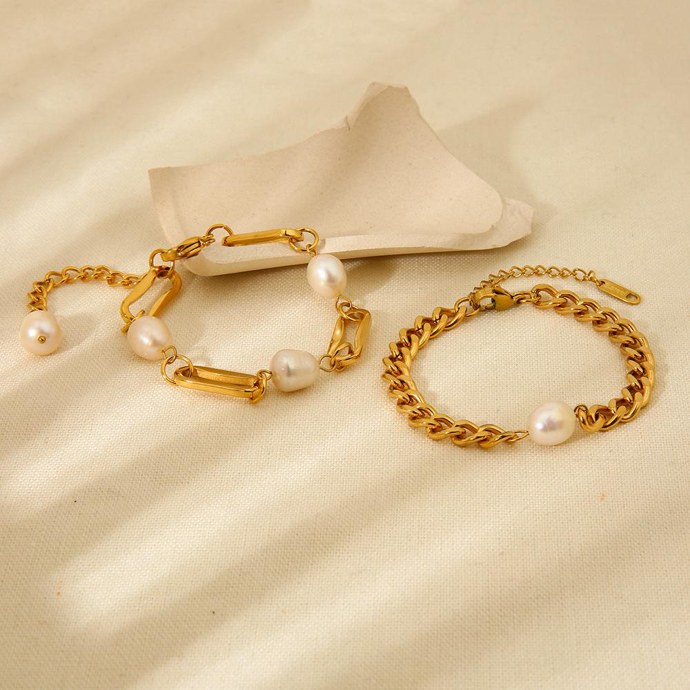 Ins Fashion Baroque Freshwater Pearl Cuban Chain Jewelry 18k Gold Plated Stainless Steel Waterproof Bracelet Jewelry