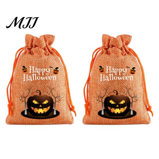 Small Storage for Candies 2Pcs Halloween Pumpkin Drawstring Bags Candy Treats, Retro Burlap Pattern Party Favors Trick or Treat Bags, Portable Goodie