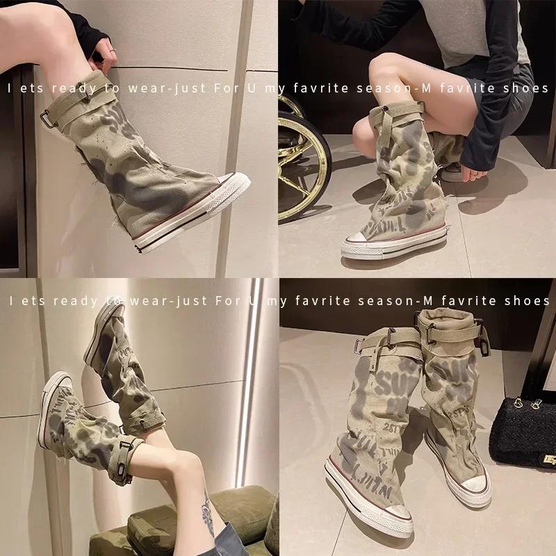 Women Boots 2026 New Retro Flat Platform Graffiti Mid-calf Boot Sexy Trend Thick Bottomed Round Toe Anti Slip Calf Fashion Boots