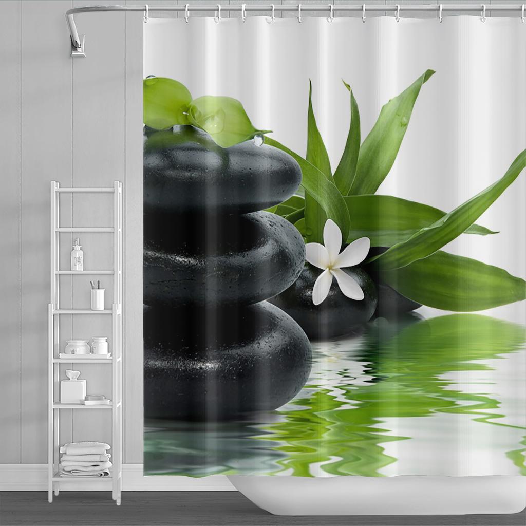 Venkovská krajina Sprchové závěsy Potok Kámen Lotos Buddha Koupelnový závěs Přírodní scenérie Vodotěsná Koupelna Domácí dekorace s háčky
