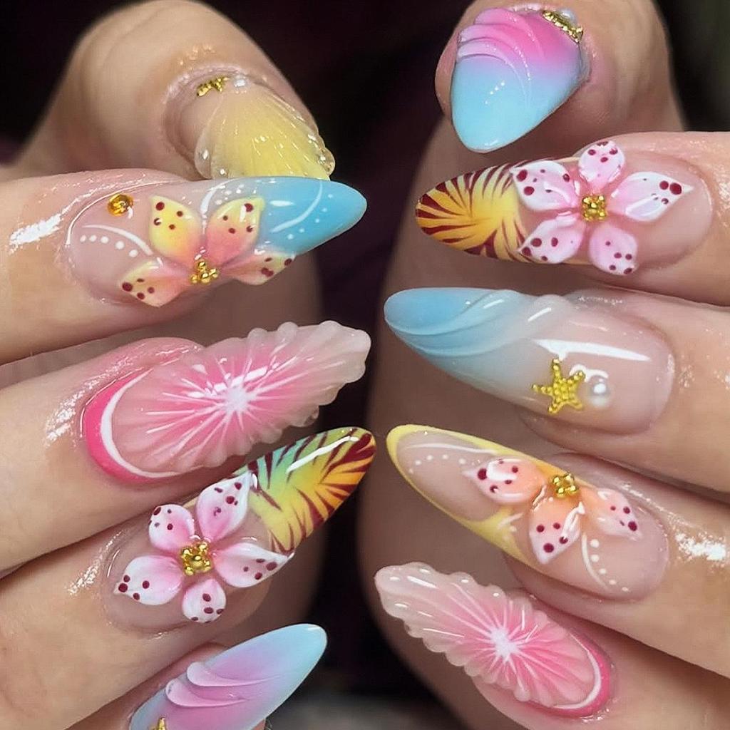 3D Embossed Flower Wearable Nails with Drip Glue & Steel Beads - Detachable Manicure Set