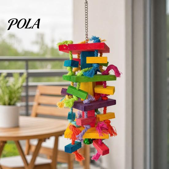 Durable Parrot Toy Chewing for Macaws African Greys, Colorful Wooden Block Puzzle with Medium Chew Cotton Tassels, Hanging Interactive Activity Cage,