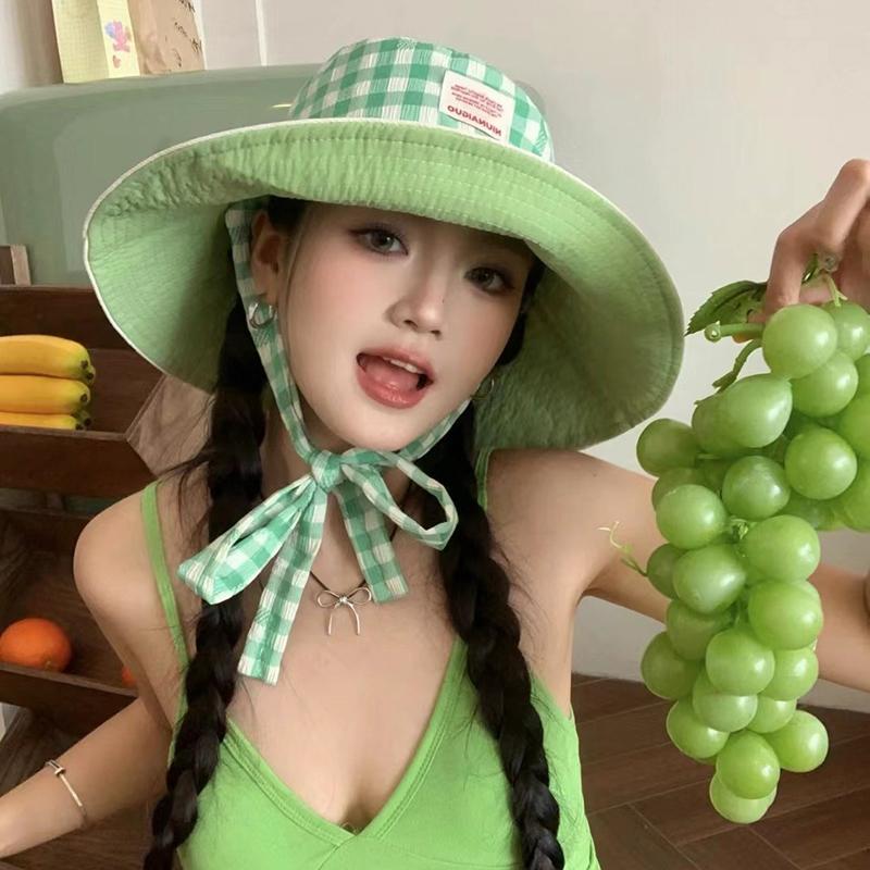 1Pcs Double-sided Plaid Wide-edged Lace-up Bucket Hat Summer Outdoor Versatile Sunscreen Sweet Mountaineering Hat