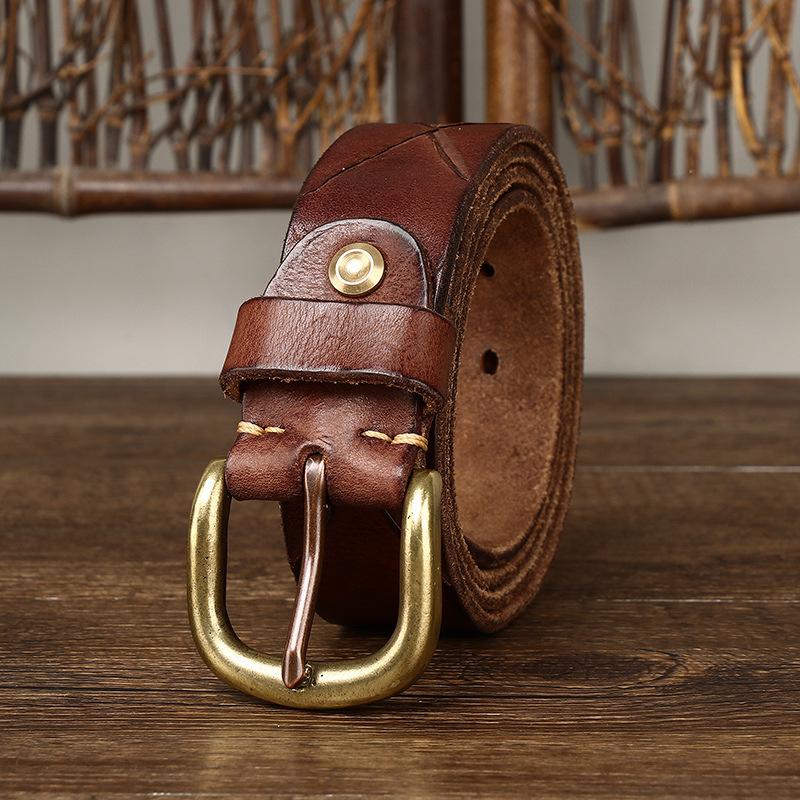 Belt Men's Handmade Knife Marks Leather Pin Buckle Personality Trendy Korean Style First Layer Cowhide Belt Men