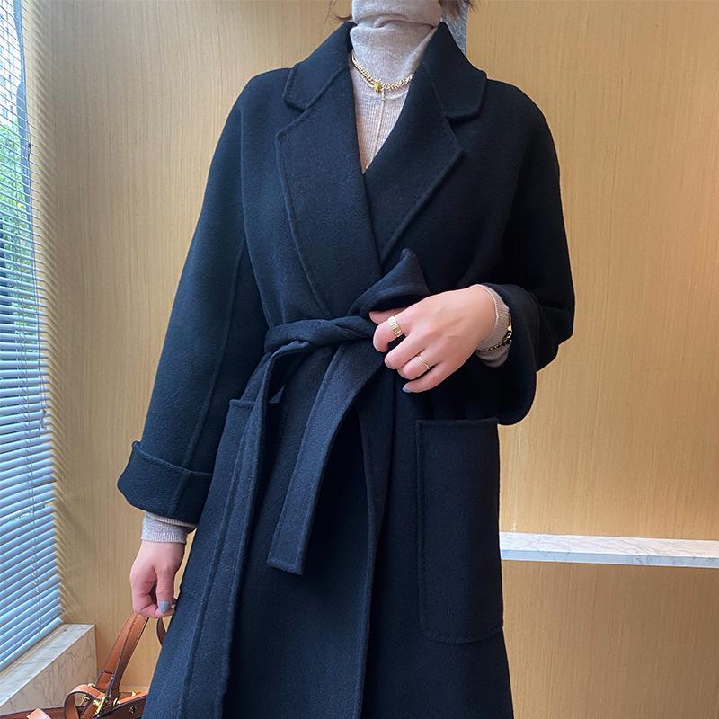Double-Sided Cashmere Wool Coat: Women's Korean-Style Loose Hepburn Jacket with Suit Collar in Green.