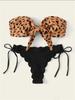 Beach Bikini 2025 Woman Sexy Front Lace Up Tie Bandeau Leopard Swimsuit Female Push Up Ruffled Bow Bathing Suit Thong Swimwear