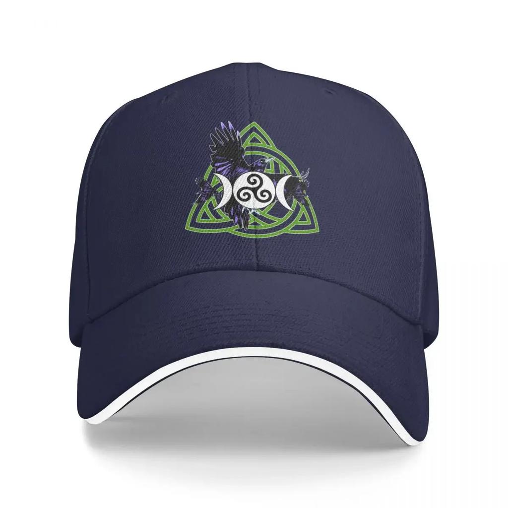 The Morrigan Triple Goddess Raven - Witches Triple Moon with Triquetra Celtic Knot and Triskelion (GREEN VARIANT) Baseball Cap
