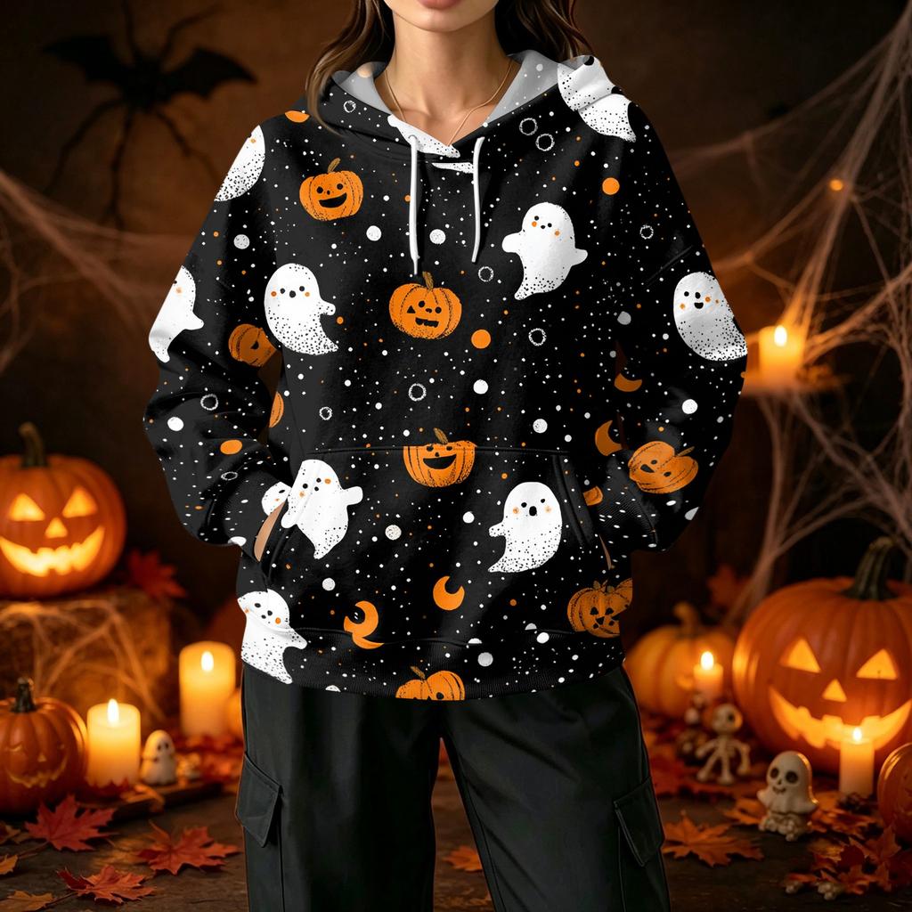 Women's Casual Halloween Print Hoodie with Front Pockets