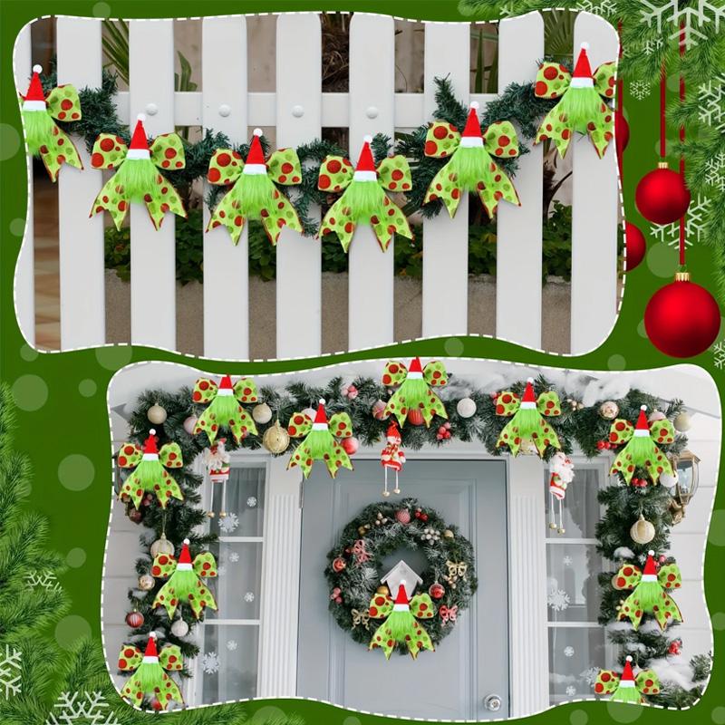 5/10Pcs Plush Foliage Wreaths Christmas for Xmas Tree Party Ornaments Santathemed Decor Glitter Dot Ribbons with Santa Hat