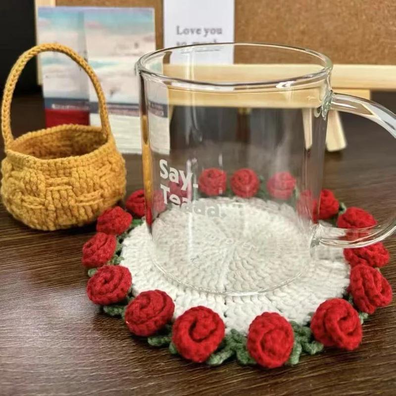 Handmade Crochet Rose Flower Coaster Set Heat-Resistant Cup Mats for Home Decor DIY Mother's Day Gift Eco-Friendly