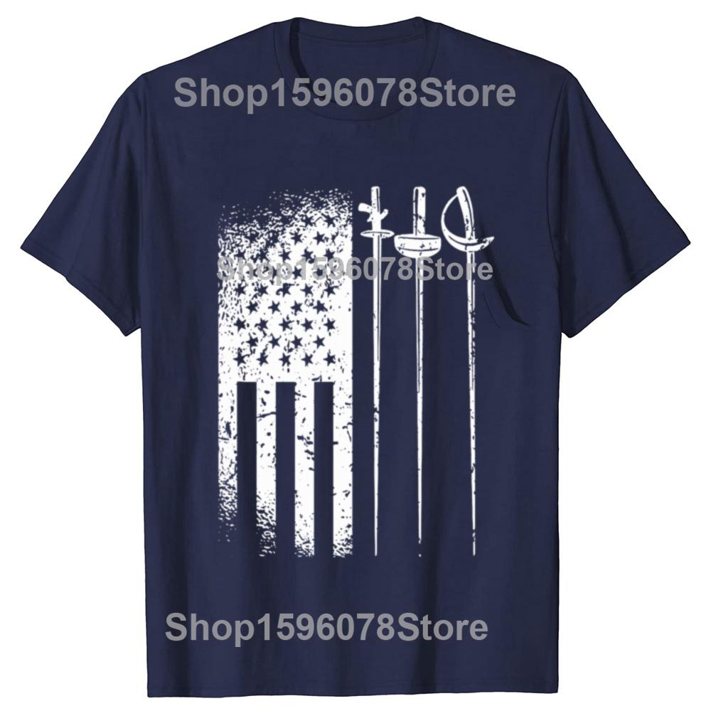 Funny American Fencing USA Flag Fencer T Shirts Men Pure Cotton Humor Streetwear Tee Shirt Short Sleeve Unisex Loose Clothing