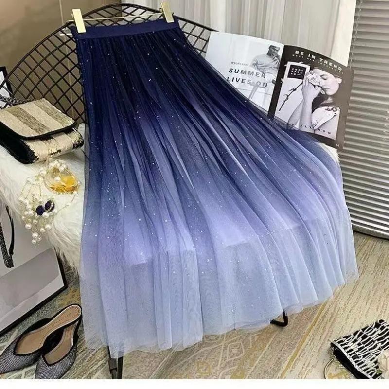 Blå Stjerneklar Himmel Gradient Mesh Mellomlangt Skjørt Dame Elastisk Midje Plissert Skjørt Fantasy Eventyr Vår og Sommer
