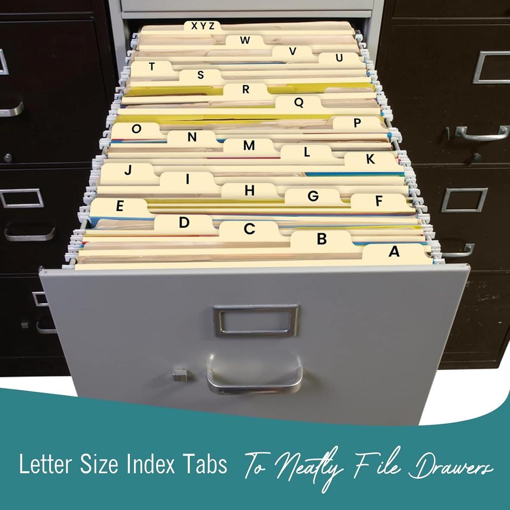 Alphabetical File Organizer, File Cabinet Dividers Letter Size, 25 Heavyweight Manila Guides A-Z Dividers with Tabs, 1/5 Cut Tab Positions Filing