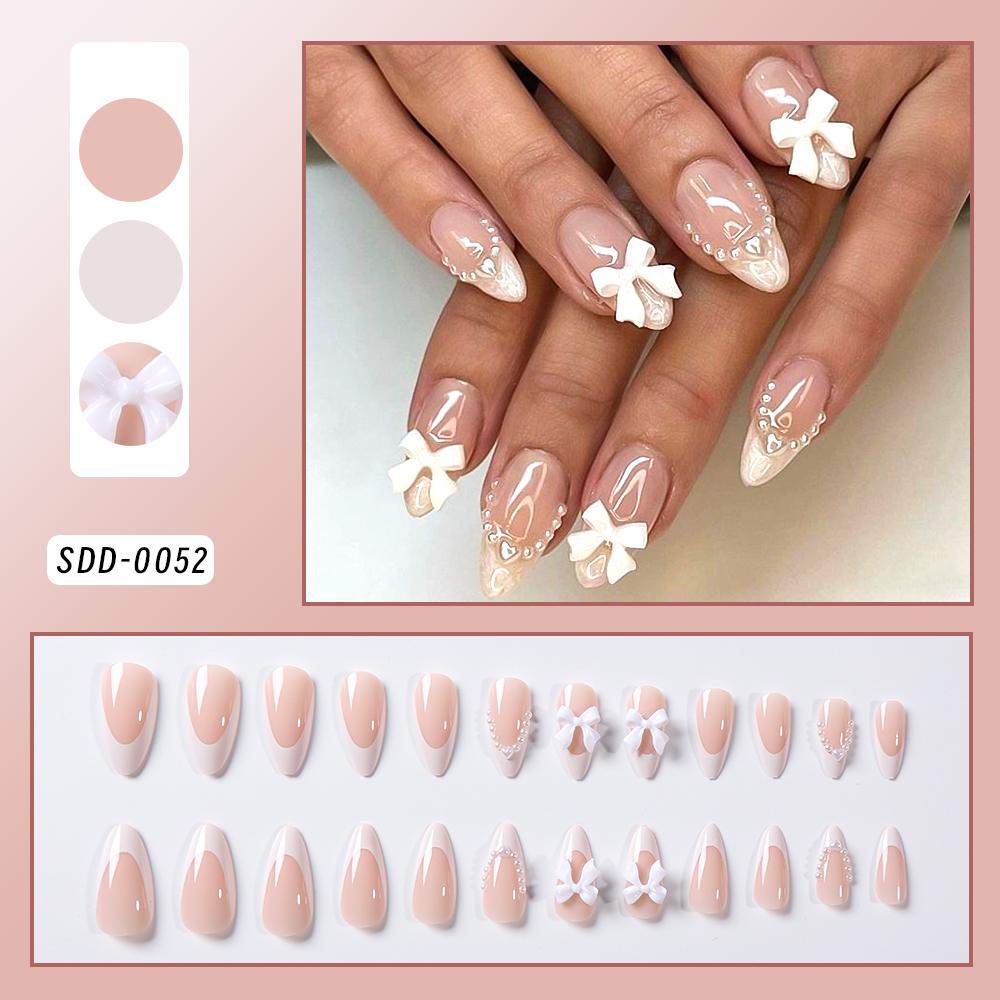 

24Pcs Bow Pearl Press on Fake Nails Nude Pink Almond French Stick on False Nail Korean Sweet Girls Wearable Press