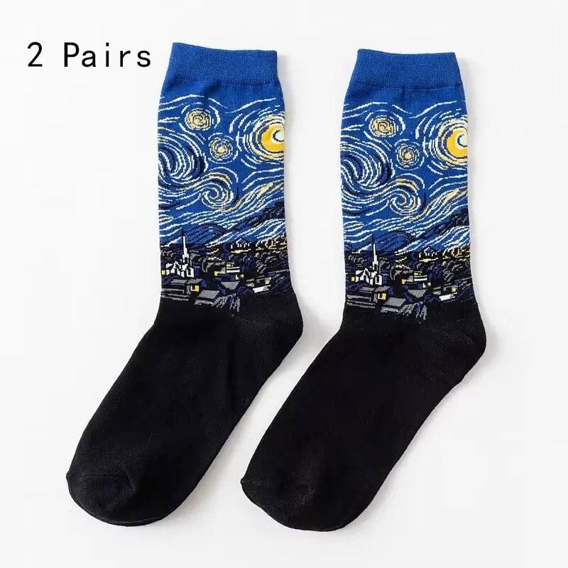 1/2/6 Pairs Men Retro Abstract Art Socks Shout Modern Van Gogh Starry Night Happy Oil Painting Comfort Skateboard Sock