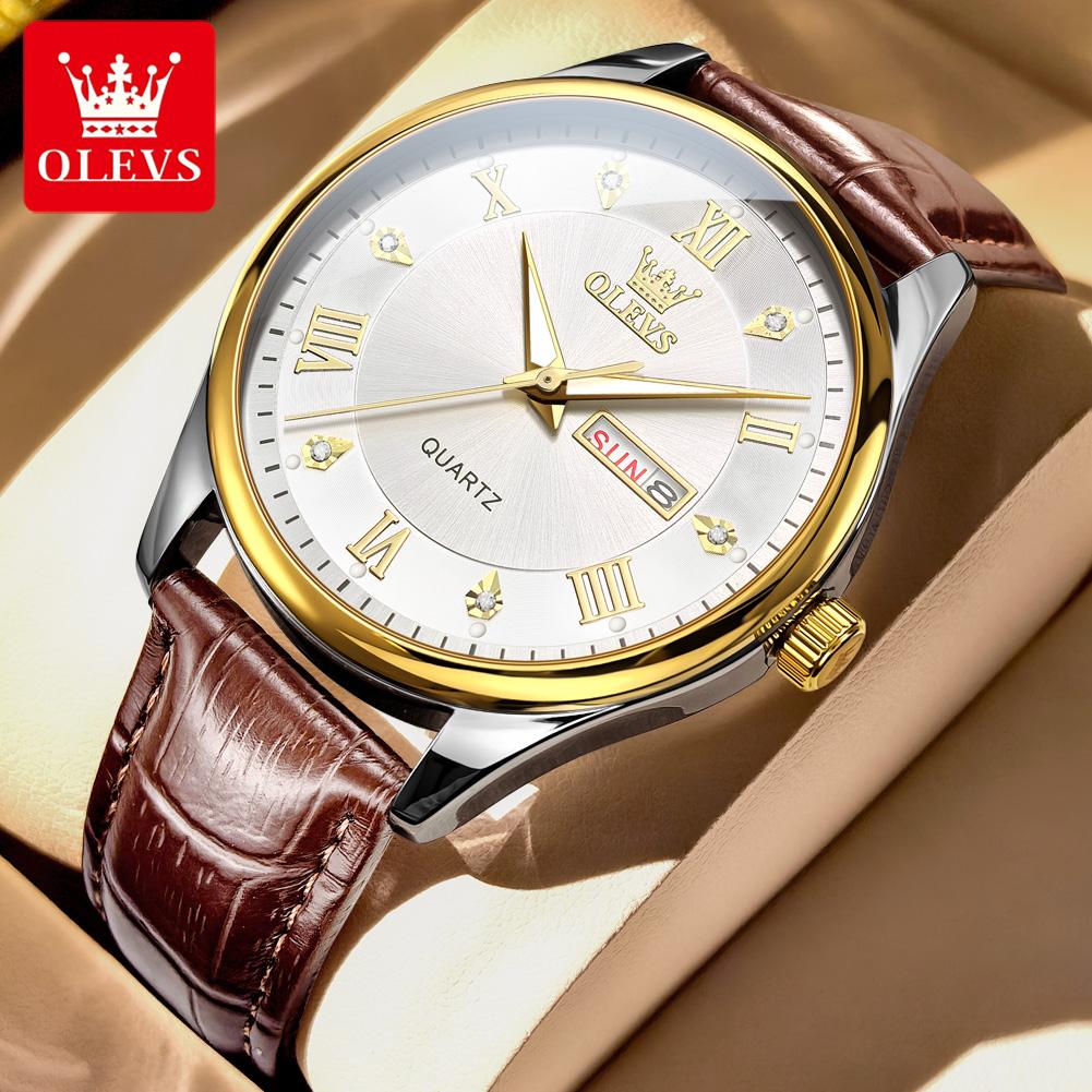 OLEVS 3649 Fashion Sports Leather Calendar Luminous Classics Waterproof Quartz Watch for Man