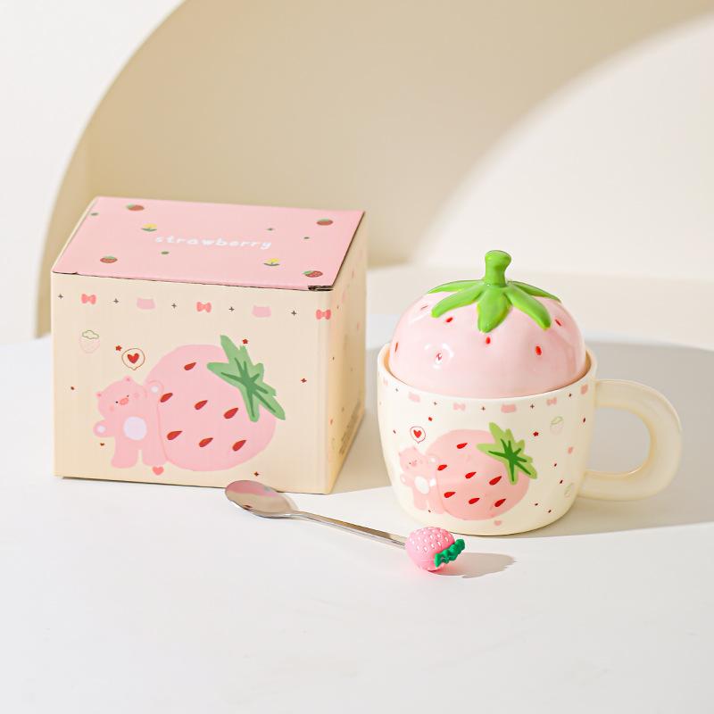 Erdbeerbär Keramiktasse mit Deckel für Mädchen Geschenk Tasse für Haushalt Becher Hochwertig Aussehende Paar Milch Frühstückstasse