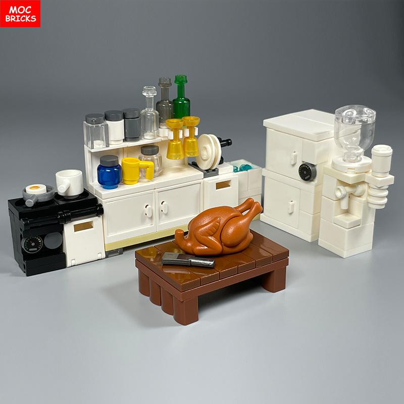 MOC Blocks Kitchen Cabinet Tableware Tool Coffee Maker Machine Water Dispenser Cooking Bench Learning Construction Block Children Toy