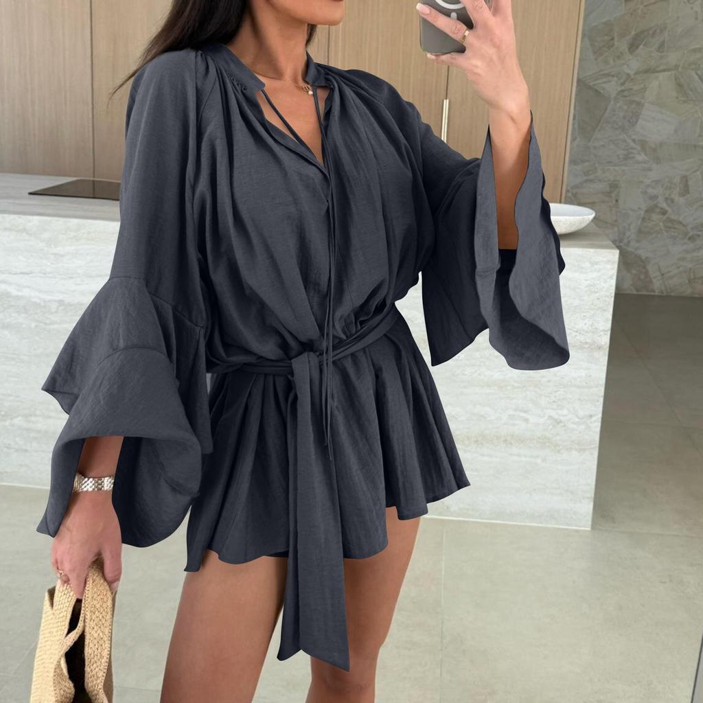 Women's Fashionable Solid Color V-neck Irregular Lace Long Sleeved Loose Top