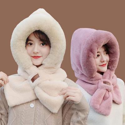Winter Windproof Integrated Cap Scarf Thickening Beanie Hat Scarf Warm Soft Neck Warmer for Women