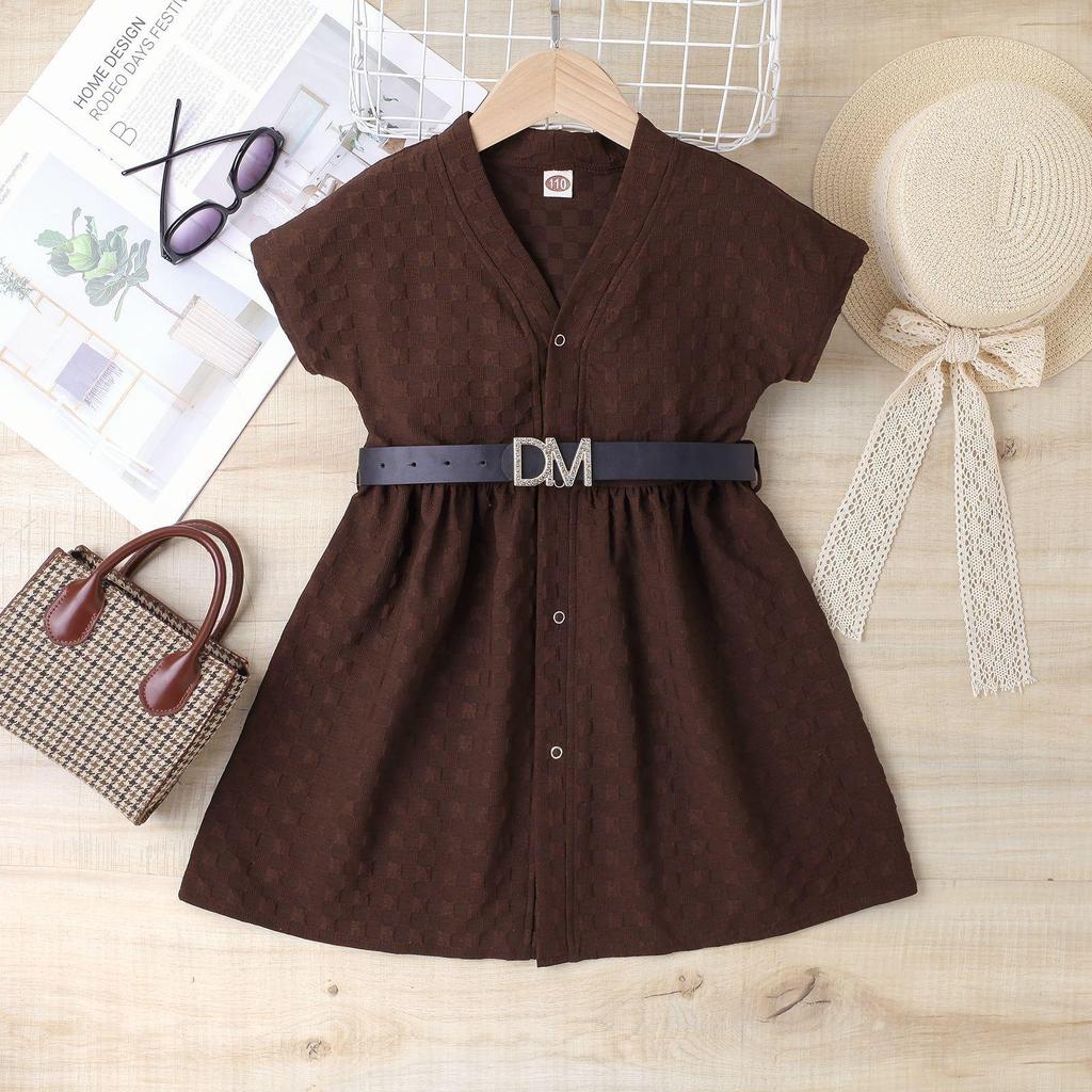 Girls' Fashionable Dress, Summer Children's Solid Color Square Elastic Short-sleeved Petticoat with Belt