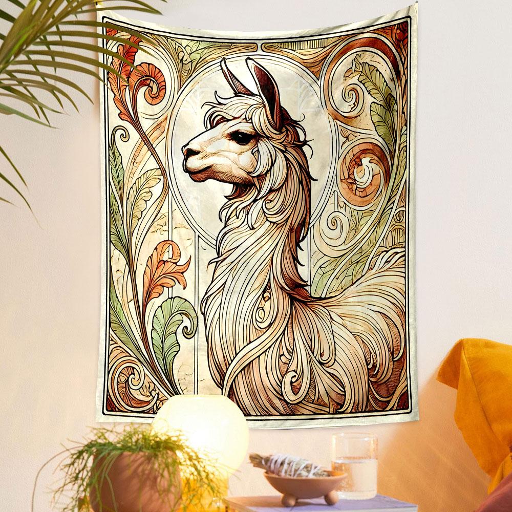 Art Nouveau Style Llama Portrait Patterned tapestry home decor, suitable for bedroom and living room, gift