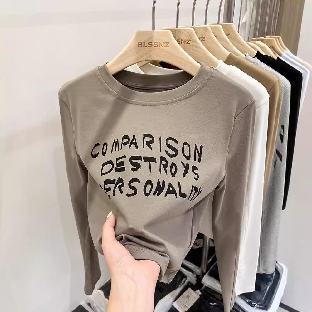 Ladies Autumn Fashion Long Sleeve Round Collar Slim Fit Basic Letter Printed Pullover T Shirt Top for Layering