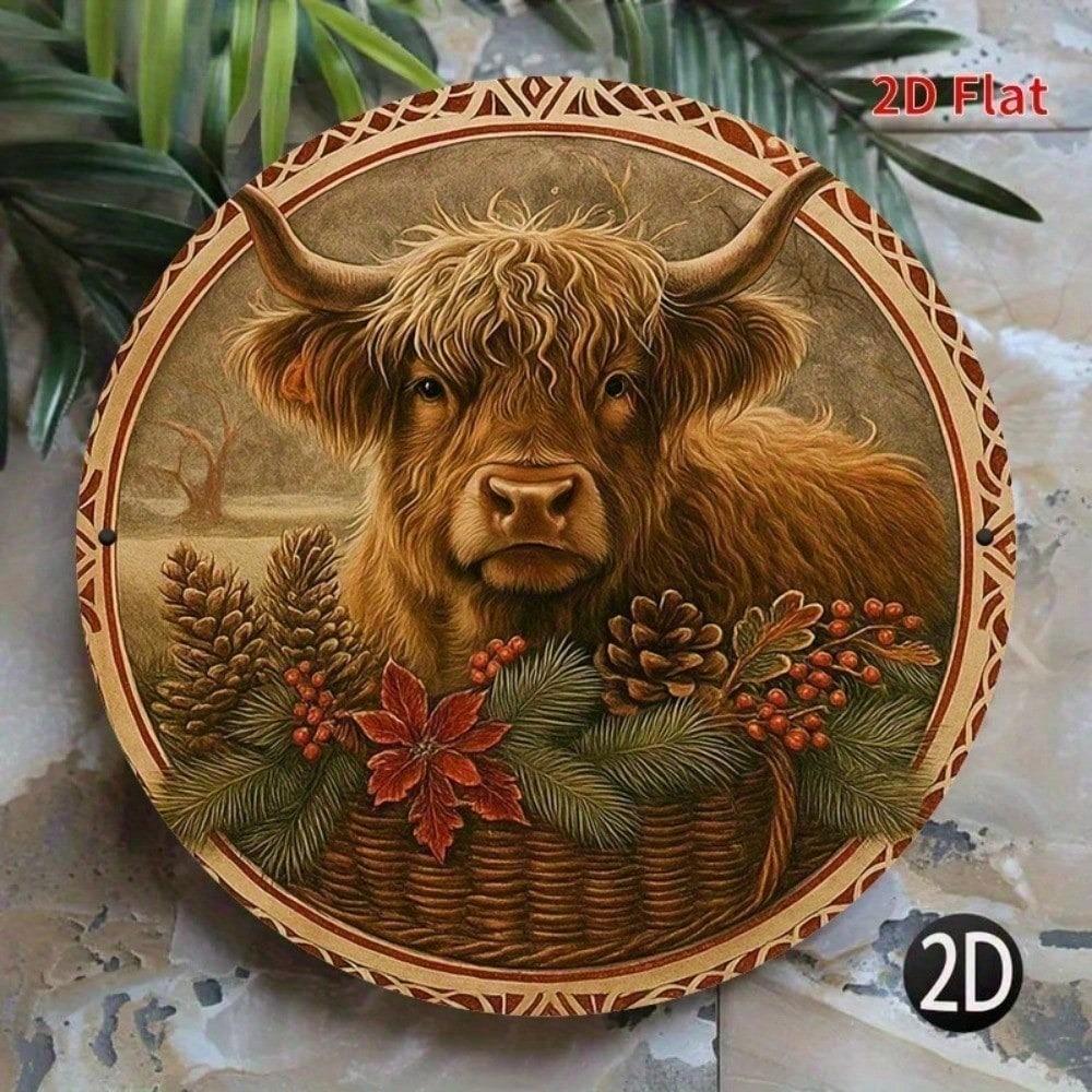 Funny Cow Metal Wall Art - Highland Cow Decor Round Farmhouse Sign, Brown Green Nature Inspired