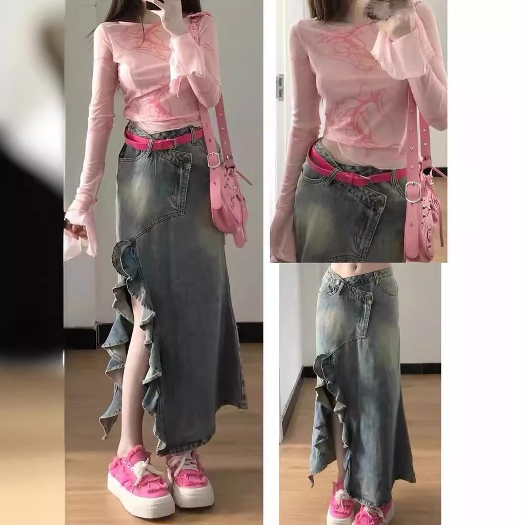 Retro Nepravidelná Džínová Sukně Střední Délky pro Ženy V Létě Nová Vlna Rozparek Vysoký Pas Rybí Ocas