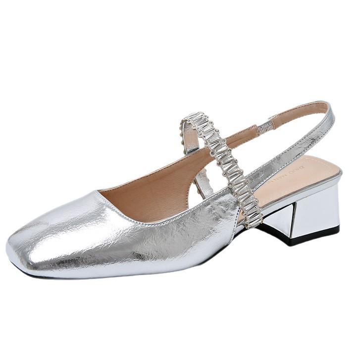 Coarse-heeled Baotou Temperament 2025 Summer Air New Rhinestone Square Head White Sandals Women's Heel Mary Jane Cool Single Shoes