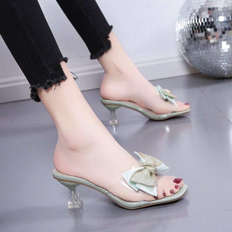 Women Slippers Slides Strange High Heels Women Shoes Mules Solid Butterfly Knot Crystal Summer Slippers Plus Size