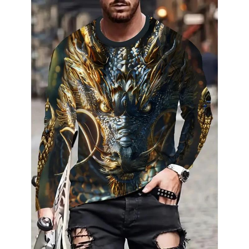 Dragon Graphic T-shirts Cool Animal Pattern Autumn Casual Long Sleeves Street O-Neck Loose Tops