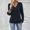 Women Tops V-Neck Long Sleeve Side Buttons Decor Casual Pullover Tops Solid Color Spring Autumn Blouse