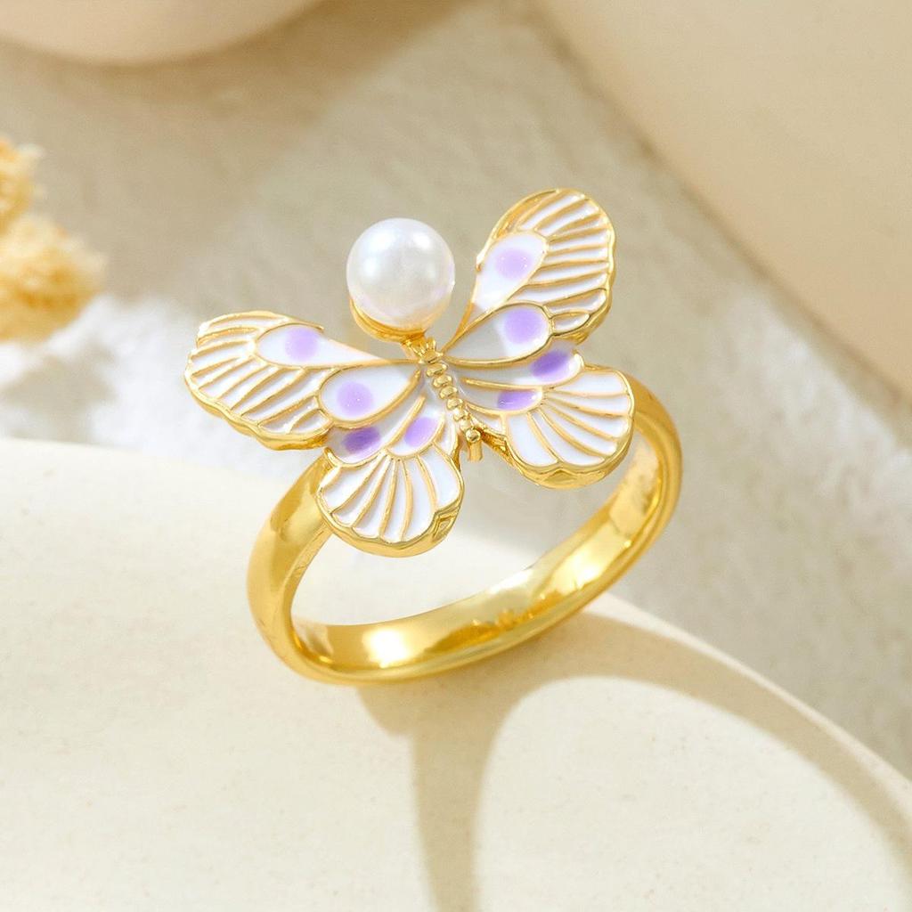 Adjustable Painted Enamel Butterfly Ring with Copper, Micro-inlaid Pearl, European American Style, Women's Fashion.