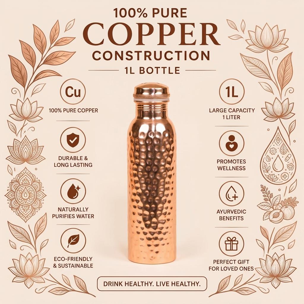 Nirmal Ganga Hammered Copper Bottle 1L | Pure Copper Water Bottle | Handcrafted Leakproof Design | Pack of 1